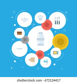 Flat Icons Electric Stove, Breadboard, Teapot And Other Vector Elements. Set Of Gastronomy Flat Icons Symbols Also Includes Blender, Mixer, Pot Objects.