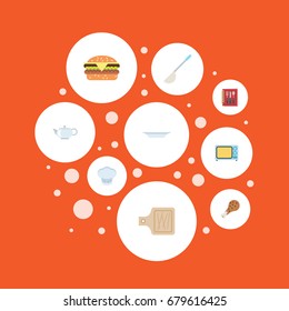 Flat Icons Electric Stove, Chef Hat, Fried Poultry And Other Vector Elements. Set Of Kitchen Flat Icons Symbols Also Includes Book, Plate, Stove Objects.
