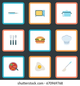 Flat Icons Electric Stove, Silverware, Broth And Other Vector Elements. Set Of Gastronomy Flat Icons Symbols Also Includes Microwave, Pan, Egg Objects.