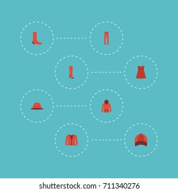 Flat Icons Elegant Headgear, Coat, Pants And Other Vector Elements. Set Of Garment Flat Icons Symbols Also Includes Trousers, Woman, Heeled Objects.