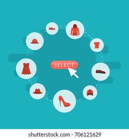 Flat Icons Elegant Headgear, Evening Dress, Man Footwear And Other Vector Elements. Set Of Dress Flat Icons Symbols Also Includes Pullover, Sundress, Sneakers Objects.