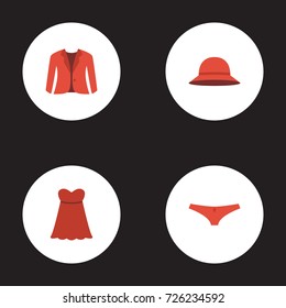 Flat Icons Elegant Headgear, Evening Dress, Lingerie And Other Vector Elements. Set Of Clothes Flat Icons Symbols Also Includes Dress, Jacket, Underwear Objects.