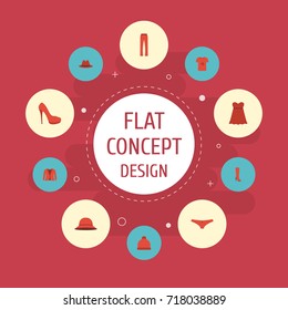 Flat Icons Elegant Headgear, Heeled Shoe, Fedora And Other Vector Elements. Set Of Garment Flat Icons Symbols Also Includes Lingerie, Woman, Panama Objects.