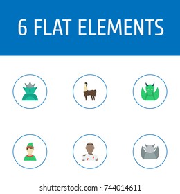 Flat Icons Elf, Evil, Mythology And Other Vector Elements. Set Of Cartoon Flat Icons Symbols Also Includes Zombie, Troll, Dinosaur Objects.