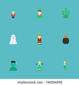 Flat Icons Elf, Halloween, Fish Girl And Other Vector Elements. Set Of Character Flat Icons Symbols Also Includes Inferno, Hell, Hydra Objects.