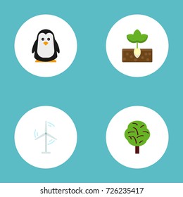 Flat Icons Emperor, Electric Mill, Wood And Other Vector Elements. Set Of Environment Flat Icons Symbols Also Includes Sprout, Power, Wind Objects.