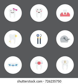 Flat Icons Enamel, Dentition, Cleaned And Other Vector Elements. Set Of Tooth Flat Icons Symbols Also Includes Alignment, Dentist, Floss Objects.