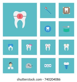 Flat Icons Enamel, Tooth Seal, Implantation And Other Vector Elements. Set Of Dental Flat Icons Symbols Also Includes Radiology, Halitosis, Alumina Objects.