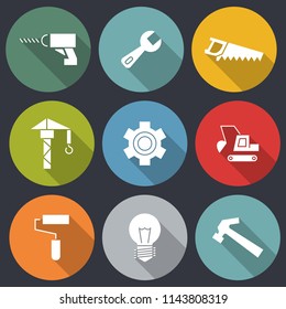 Flat icons for Engineer and construction icons, construction crane,wrench,screwdriver,bulb,hammer,dozer,brush,gears, saw,vector illustrations