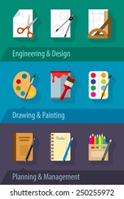 Flat icons engineering design art planning and management. Eps10 vector illustration