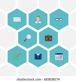 Flat Icons Envelope, Costume, Calendar And Other Vector Elements. Set Of Business Flat Icons Symbols Also Includes Aim, Date, Businessman Objects.