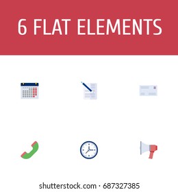 Flat Icons Envelope, Loudspeaker, Calendar And Other Vector Elements. Set Of Business Flat Icons Symbols Also Includes Time, Advertisement, Handset Objects.