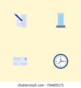 Flat Icons Envelope, Office, Contract And Other Vector Elements. Set Of Business Flat Icons Symbols Also Includes Post, Office, Pen Objects.