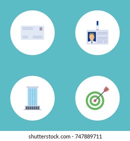 Flat Icons Envelope, Office, Id Card And Other Vector Elements. Set Of Trade Flat Icons Symbols Also Includes Goal, Badge, Card Objects.