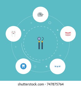 Flat Icons Equipment, Halitosis, Dentition And Other Vector Elements. Set Of Enamel Flat Icons Symbols Also Includes Healthy, Halitosis, Teeth Objects.