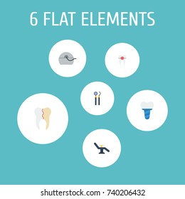 Flat Icons Equipment, Halitosis, Treatment And Other Vector Elements. Set Of Dental Flat Icons Symbols Also Includes Brace, Probe, Reconstruction Objects.