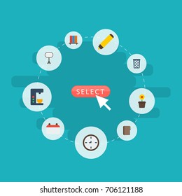 Flat Icons Espresso Machine, Highlighter, Bookshop And Other Vector Elements. Set Of Workspace Flat Icons Symbols Also Includes Coffee, Machine, Date Objects.