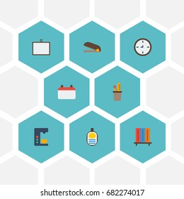 Flat Icons Espresso Machine, Puncher, Bookshop And Other Vector Elements. Set Of Workspace Flat Icons Symbols Also Includes Date, Clip, Puncher Objects.