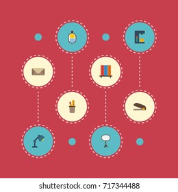 Flat Icons Espresso Machine, Puncher, Pen Holder And Other Vector Elements. Set Of Bureau Flat Icons Symbols Also Includes Machine, Pencil, Letter Objects.