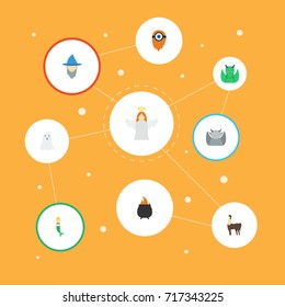 Flat Icons Evil, Wizard, Hell And Other Vector Elements. Set Of Cartoon Flat Icons Symbols Also Includes Holy, Ghost, Halloween Objects.
