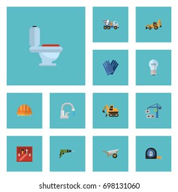 Flat Icons Excavator, Bulb, Hardhat And Other Vector Elements. Set Of Industry Flat Icons Symbols Also Includes Toilet, Wheelbarrow, Gloves Objects.
