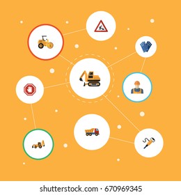Flat Icons Excavator, Caution, Worker And Other Vector Elements. Set Of Construction Flat Icons Symbols Also Includes Crawler, Work, Excavator Objects.