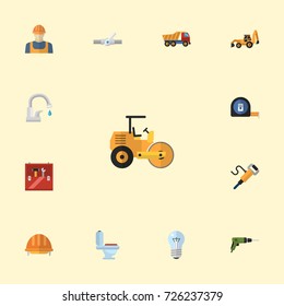 Flat Icons Excavator, Faucet, Worker And Other Vector Elements. Set Of Industry Flat Icons Symbols Also Includes Roller, Helmet, Toolbox Objects.