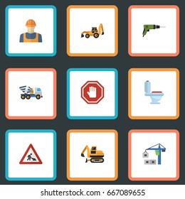 Flat Icons Excavator, Hoisting Machine, Electric Screwdriver And Other Vector Elements. Set Of Construction Flat Icons Symbols Also Includes Hand, Loader, Workman Objects.