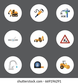Flat Icons Excavator, Tractor, Caution And Other Vector Elements. Set Of Industry Flat Icons Symbols Also Includes Crane, Sign, Crawler Objects.