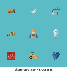 Flat Icons Excavator, Worker, Mitten And Other Vector Elements. Set Of Industry Flat Icons Symbols Also Includes Worker, Toolkit, Pipeline Objects.
