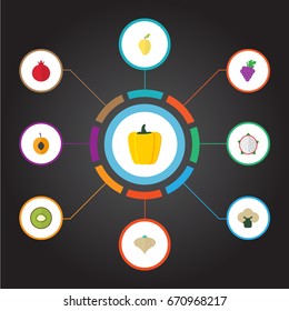 Flat Icons Exotic Dessert, Garnet, Nectarine And Other Vector Elements. Set Of Fruit Flat Icons Symbols Also Includes Mango, Merlot, Cauliflower Objects.
