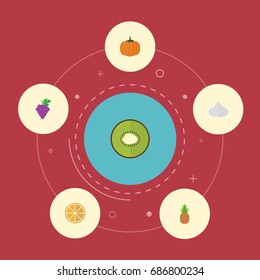 Flat Icons Exotic Dessert, Gourd, Citrus And Other Vector Elements. Set Of Dessert Flat Icons Symbols Also Includes Pineapple, Ananas, Onion Objects.