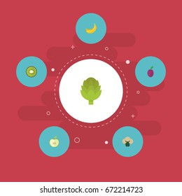 Flat Icons Exotic Dessert, Herbaceous Plant, Jungle Fruit And Other Vector Elements. Set Of  Flat Icons Symbols Also Includes Kiwi, Apricot, Jungle Objects.
