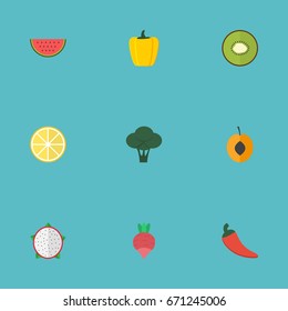 Flat Icons Exotic Dessert, Turnip, Hot Pepper And Other Vector Elements. Set Of  Flat Icons Symbols Also Includes Kiwi, Pitaya, Lemon Objects.