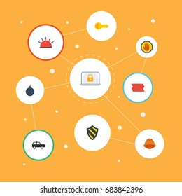 Flat Icons Explosive, Clue, Armored Car And Other Vector Elements. Set Of Security Symbols Also Includes Alarm, Protection, Bomb Objects.