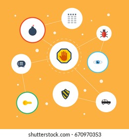 Flat Icons Explosive, Clue, Virus And Other Vector Elements. Set Of Safety Flat Icons Symbols Also Includes Bomb, Forbidden, Door Objects.