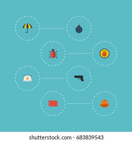 Flat Icons Explosive, Gun, Brick Wall And Other Vector Elements. Set Of Safety Flat Icons Symbols Also Includes Headwear, Fence, Parasol Objects.