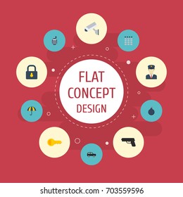 Flat Icons Explosive, Gun, Padlock And Other Vector Elements. Set Of Security Flat Icons Symbols Also Includes Ratio, Sunny, Door Objects.
