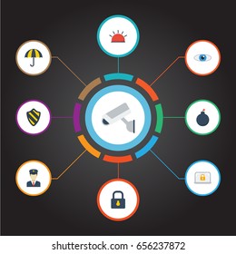 Flat Icons Explosive, Key, Shield And Other Vector Elements. Set Of Security Flat Icons Symbols Also Includes Look, Safe, Supervision Objects.