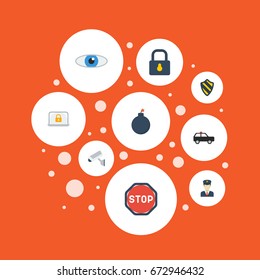 Flat Icons Explosive, Padlock, Policeman And Other Vector Elements. Set Of Procuring Flat Icons Symbols Also Includes Safe, Road, Suv Objects.