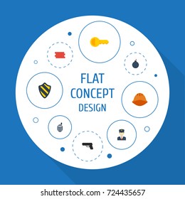Flat Icons Explosive, Policeman, Hardhat And Other Vector Elements. Set Of Security Flat Icons Symbols Also Includes Shield, Explosive, Policeman Objects.