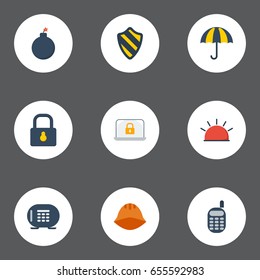 Flat Icons Explosive, Safe, Walkie-Talkie And Other Vector Elements. Set Of Security Flat Icons Symbols Also Includes Safe, Vault, Phone Objects.