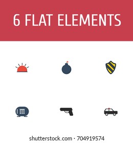 Flat Icons Explosive, Shield, Armored Car And Other Vector Elements. Set Of Safety Flat Icons Symbols Also Includes Safe, Bomb, Siren Objects.