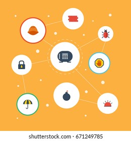 Flat Icons Explosive, Siren, Hardhat And Other Vector Elements. Set Of Procuring Flat Icons Symbols Also Includes Dynamite, Forbidden, Palm Objects.