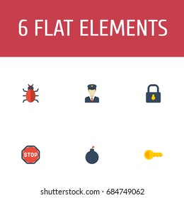 Flat Icons Explosive, Virus, Road Sign And Other Vector Elements. Set Of Procuring Flat Icons Symbols Also Includes Explosive, Road, Padlock Objects.