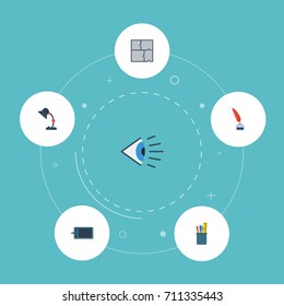 Flat Icons Eye, Illuminator, Scheme And Other Vector Elements. Set Of Original Flat Icons Symbols Also Includes Drawing, Inkwell, Case Objects.