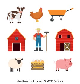 Flat icons of farm animals. Farmer, barns, cow, pig, sheep, chicken, eggs and wheelbarrow. Vector.