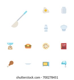 Flat Icons Fast Food, Pepperoni, Cooking Notebook And Other Vector Elements. Set Of Kitchen Flat Icons Symbols Also Includes Food, Dish, Chicken Objects.