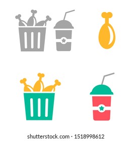 Flat icons of fast food. Vector illustration of bucket with fried chicken and beverage isolated on white background. Chicken menu with cola.