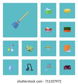 Flat Icons Faucet, Aqua, Sponge And Other Vector Elements. Set Of Cleaning Flat Icons Symbols Also Includes Laundry, Drop, Bast Objects.